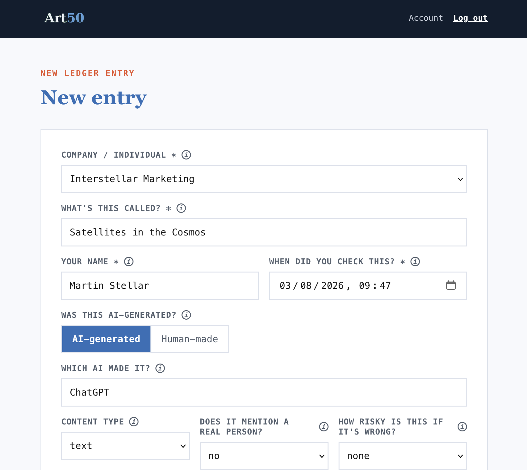 New ledger entry form, bottom half with confirmation checkbox